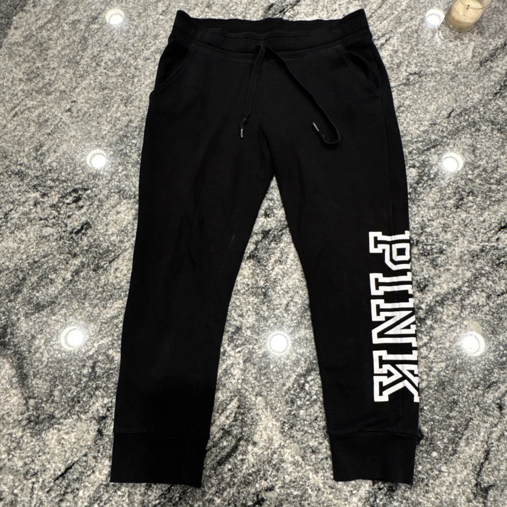 Victoria's‎ Secret Pink L Black Fleece Jogger Sweatpants Logo Athleisure Lounge